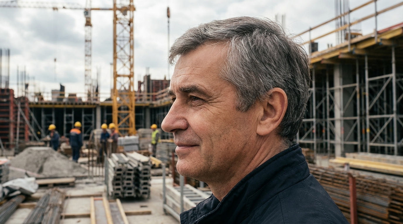 Сергей Лебедев — портрет автора в профиль на фоне строительной площадки